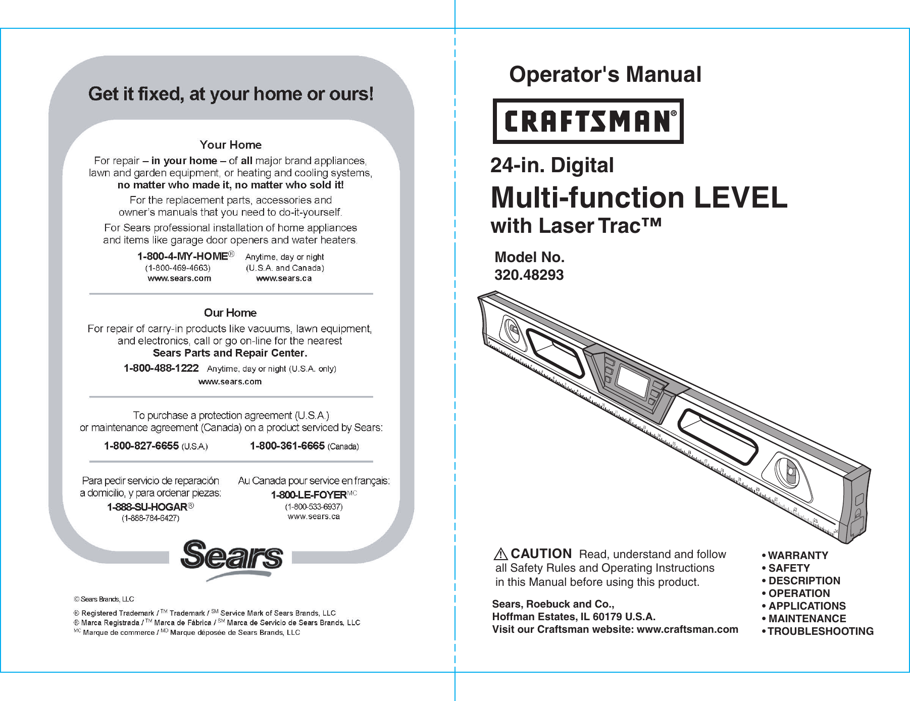 Page 1 of 10 - Craftsman Craftsman-24-In-Digital-Lasertrac-Level-Owners-Manual- B-F 24-in Level  Craftsman-24-in-digital-lasertrac-level-owners-manual