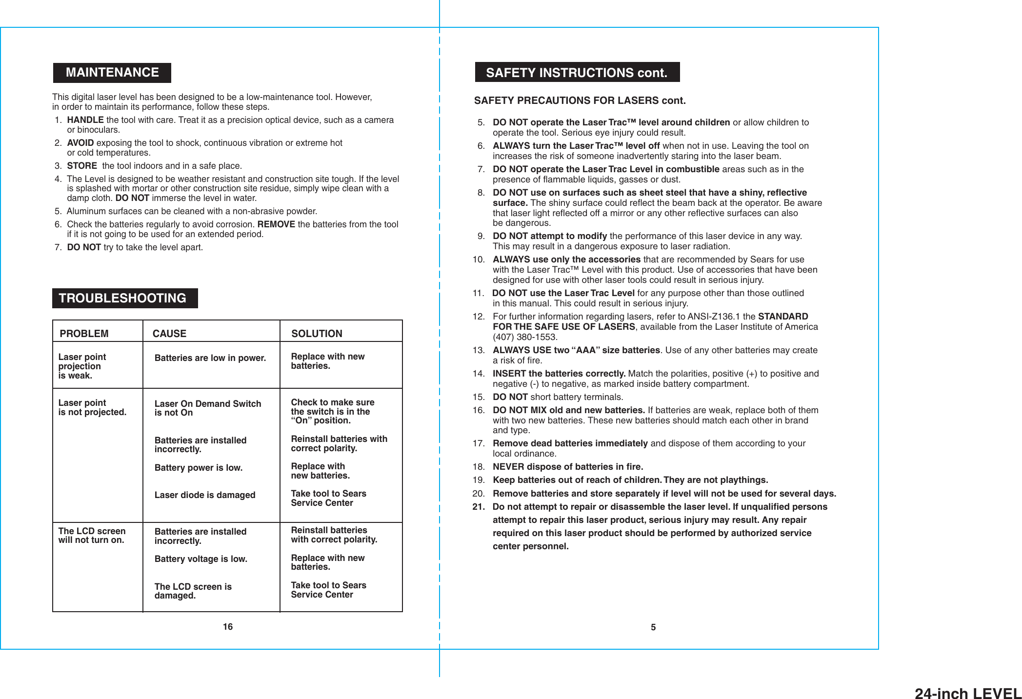 Page 5 of 10 - Craftsman Craftsman-24-In-Digital-Lasertrac-Level-Owners-Manual- B-F 24-in Level  Craftsman-24-in-digital-lasertrac-level-owners-manual