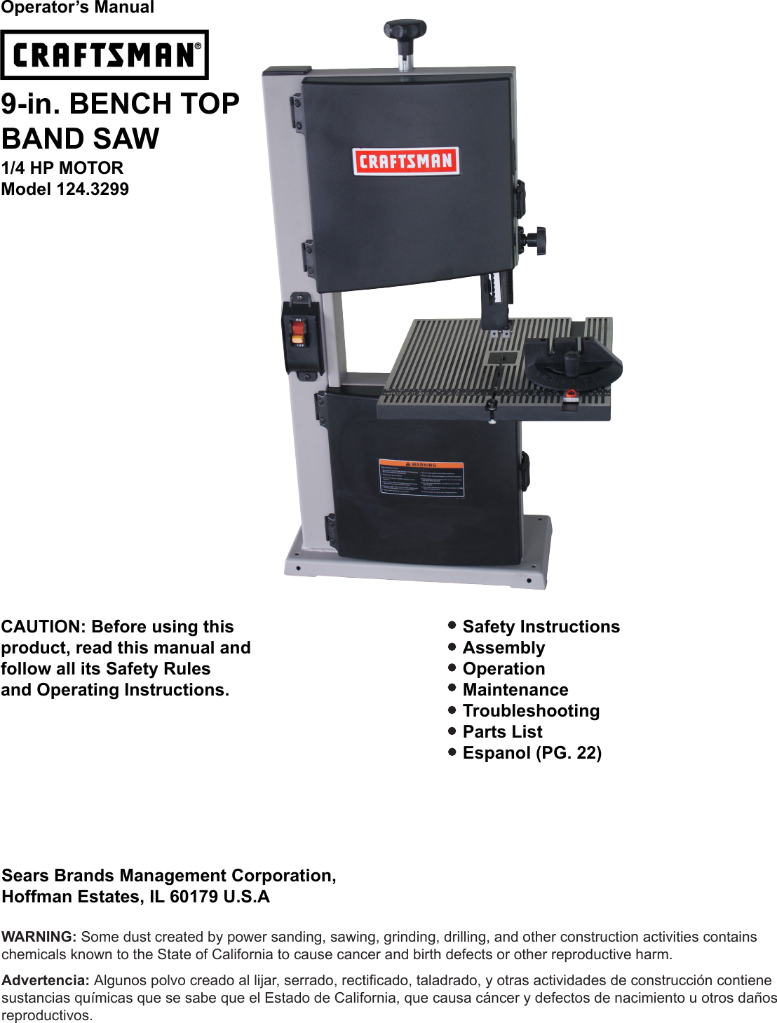 Craftsman 2 5 Amp 9 Band Saw Owners Manual