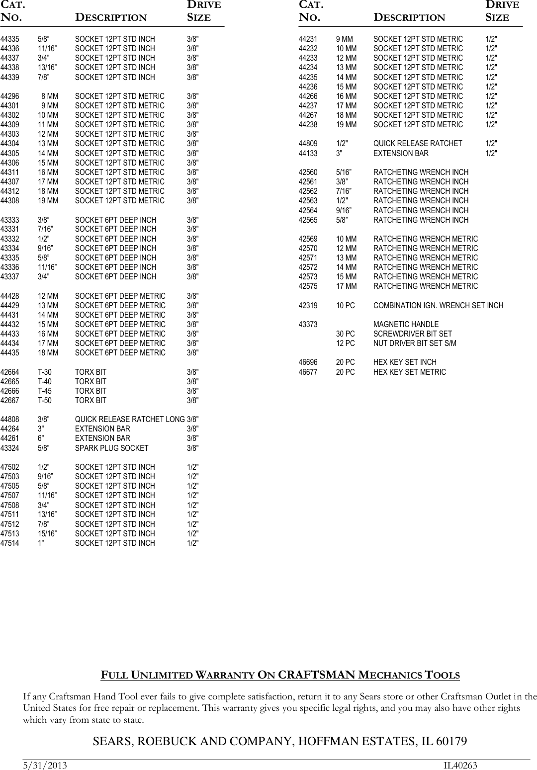 Page 2 of 2 - Craftsman Craftsman-263-Pc-Mechanics-Tool-Set-Contents-List-  Craftsman-263-pc-mechanics-tool-set-contents-list