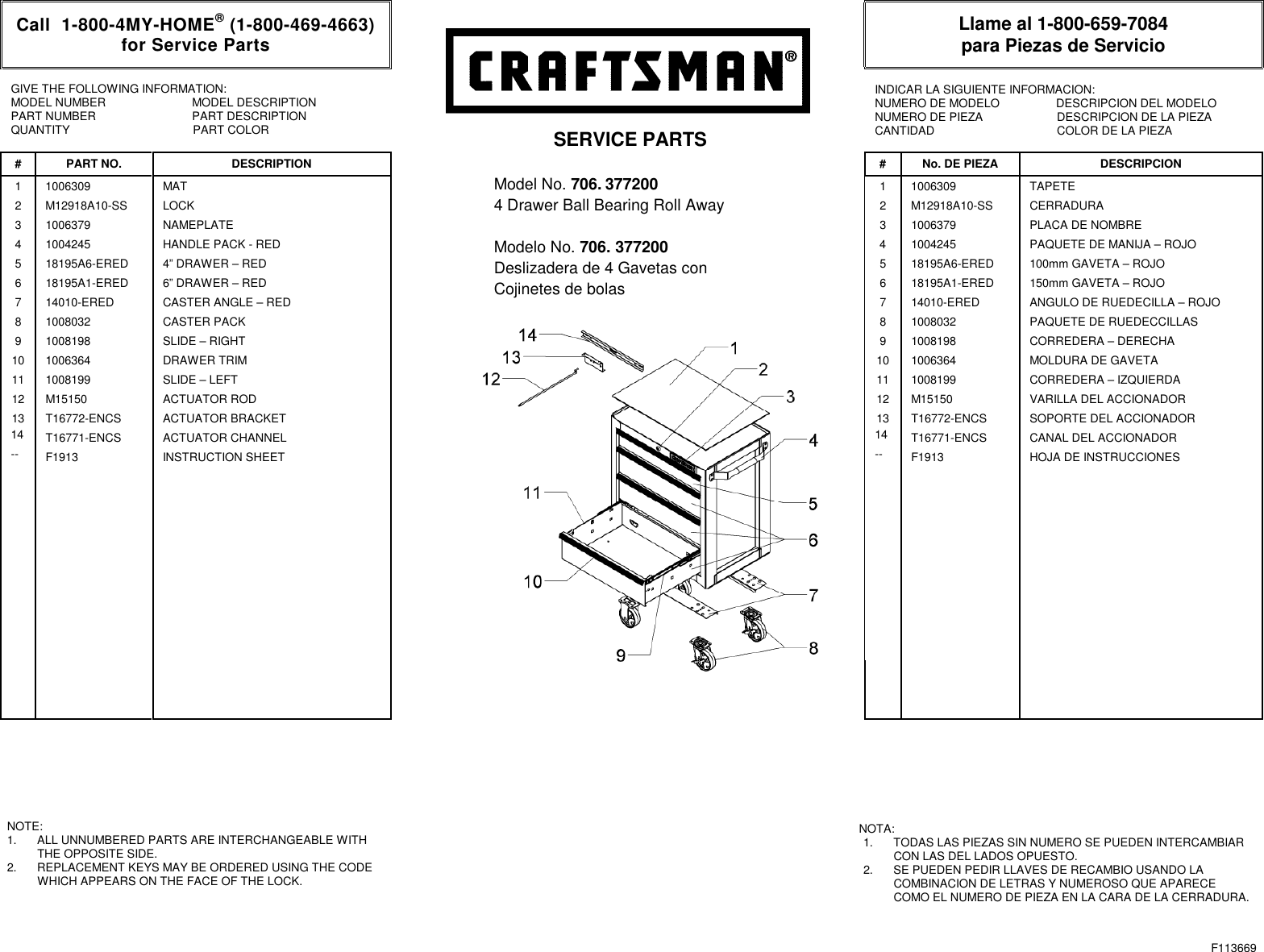 Page 1 of 1 - Craftsman Craftsman-26-In-4-Drawer-Ball-Bearing-Griplatch-Rolling-Cabinet-Red-Service-Parts F113669