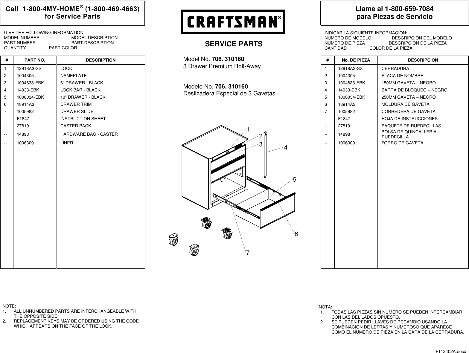 Page 1 of 1 - Craftsman Craftsman-26-In-Wide-3-Drawer-Standard-Duty-Ball-Bearing-Rolling-Cabinet-Black-Service-Parts F112402Ax