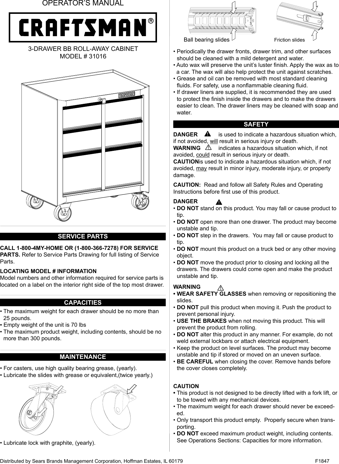 Page 1 of 8 - Craftsman Craftsman-26-In-Wide-3-Drawer-Standard-Duty-Ball-Bearing-Rolling-Cabinet-Black-Use-And-Care-Manual-  Craftsman-26-in-wide-3-drawer-standard-duty-ball-bearing-rolling-cabinet-black-use-and-care-manual