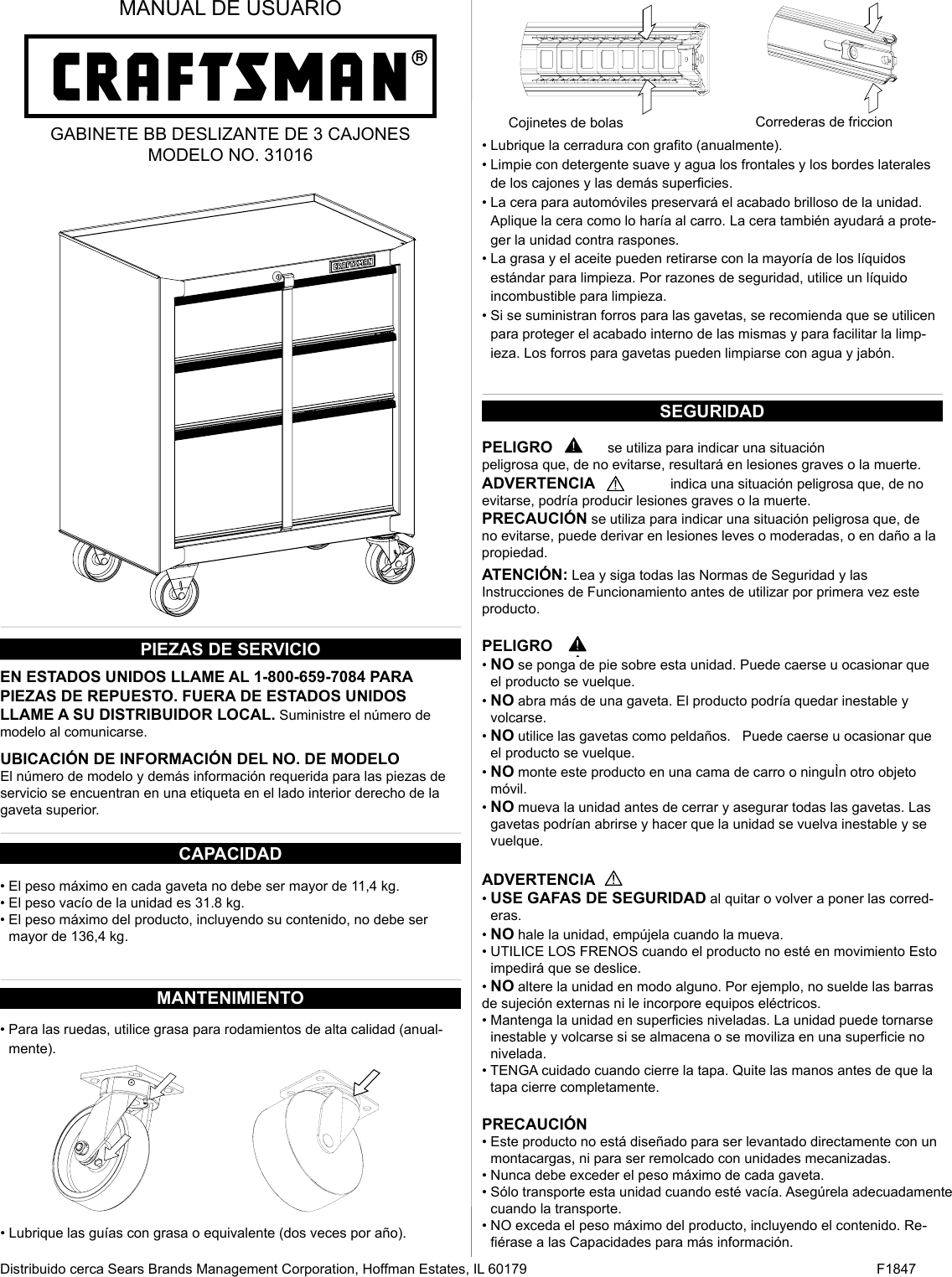 Page 5 of 8 - Craftsman Craftsman-26-In-Wide-3-Drawer-Standard-Duty-Ball-Bearing-Rolling-Cabinet-Black-Use-And-Care-Manual-  Craftsman-26-in-wide-3-drawer-standard-duty-ball-bearing-rolling-cabinet-black-use-and-care-manual