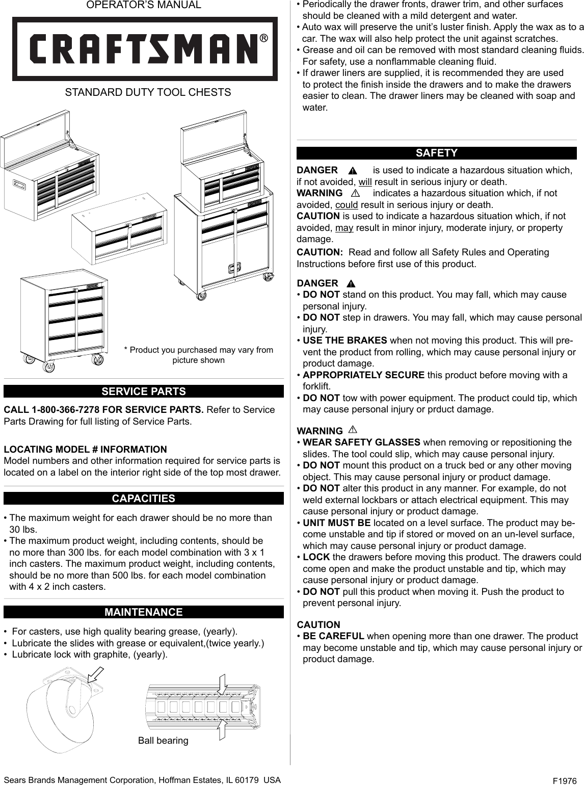 Page 1 of 5 - Craftsman Craftsman-26-In-Wide-3-Drawer-Standard-Duty-Ball-Bearing-Rolling-Cabinet-Red-Use-And-Care-Manual-  Craftsman-26-in-wide-3-drawer-standard-duty-ball-bearing-rolling-cabinet-red-use-and-care-manual