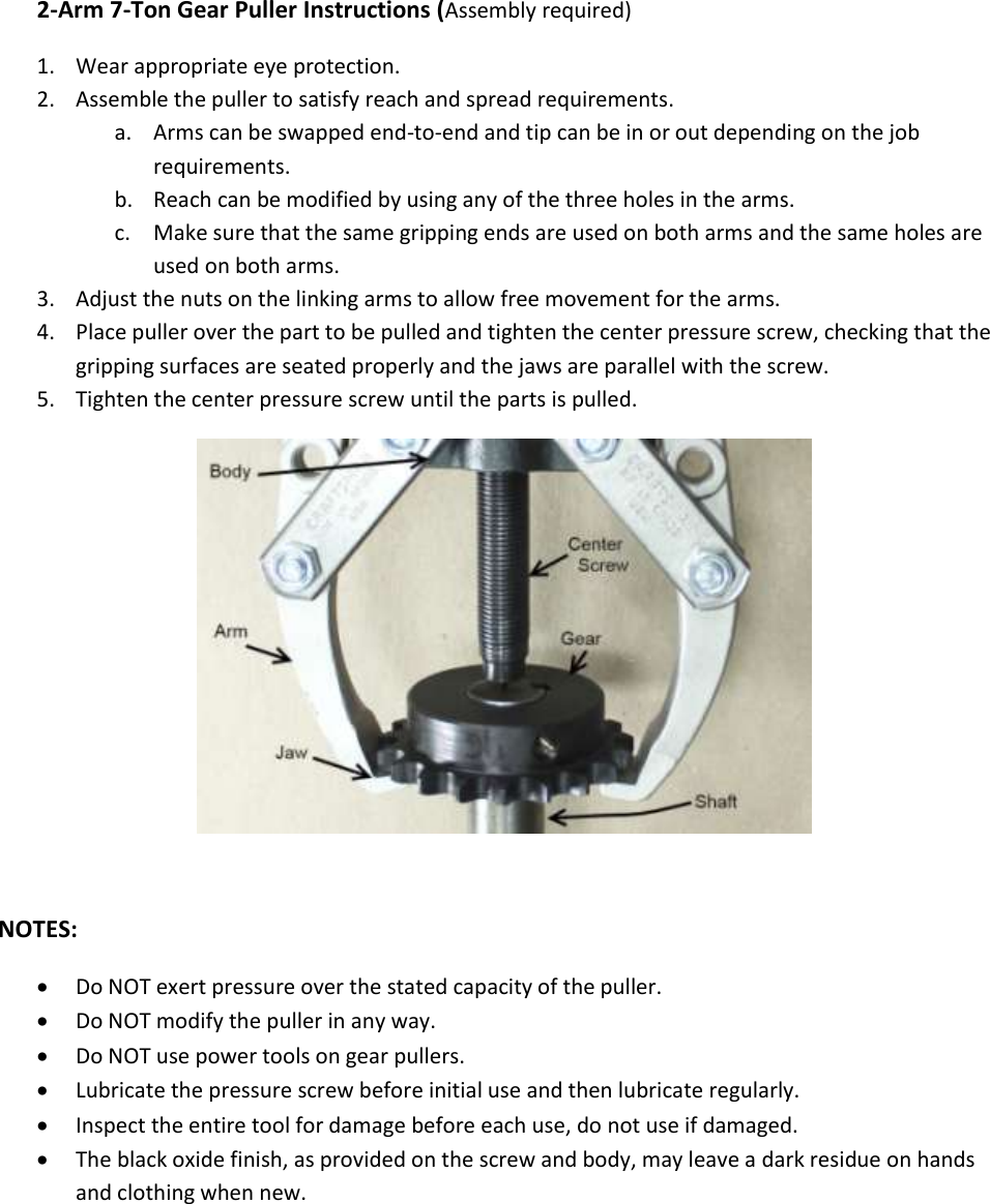 Page 1 of 1 - Craftsman Craftsman-2-Jaw-Large-Gear-Puller-Instruction-Manual-  Craftsman-2-jaw-large-gear-puller-instruction-manual