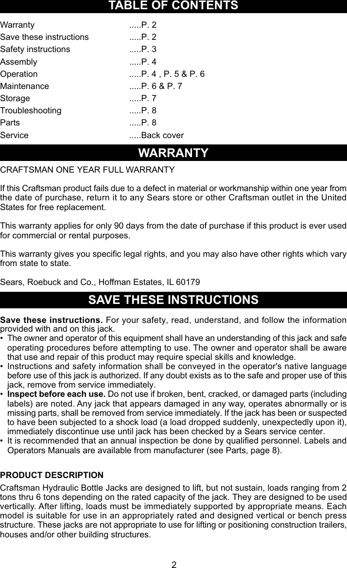 Page 2 of 9 - Craftsman Craftsman-2-Ton-Hydraulic-Jack-Owners-Manual- 50280_82 Manual 2007.pmd  Craftsman-2-ton-hydraulic-jack-owners-manual