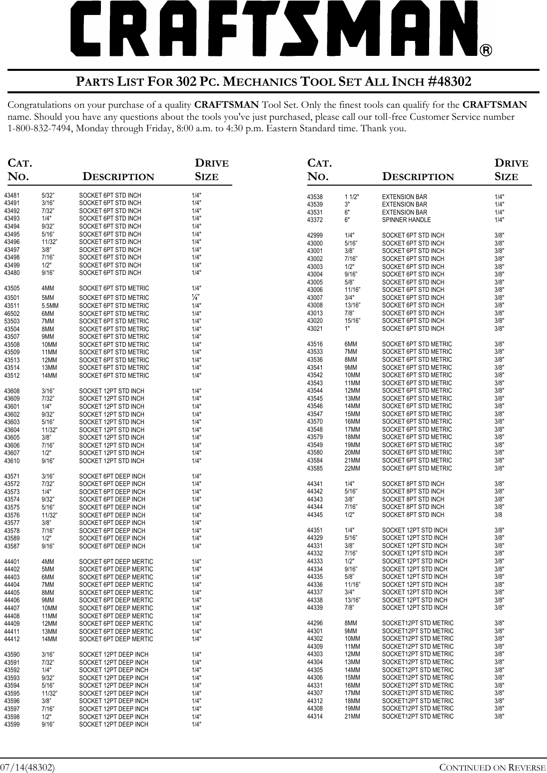 Page 1 of 2 - Craftsman Craftsman-302-Piece-Mechanics-Tool-Set-Contents-List-  Craftsman-302-piece-mechanics-tool-set-contents-list