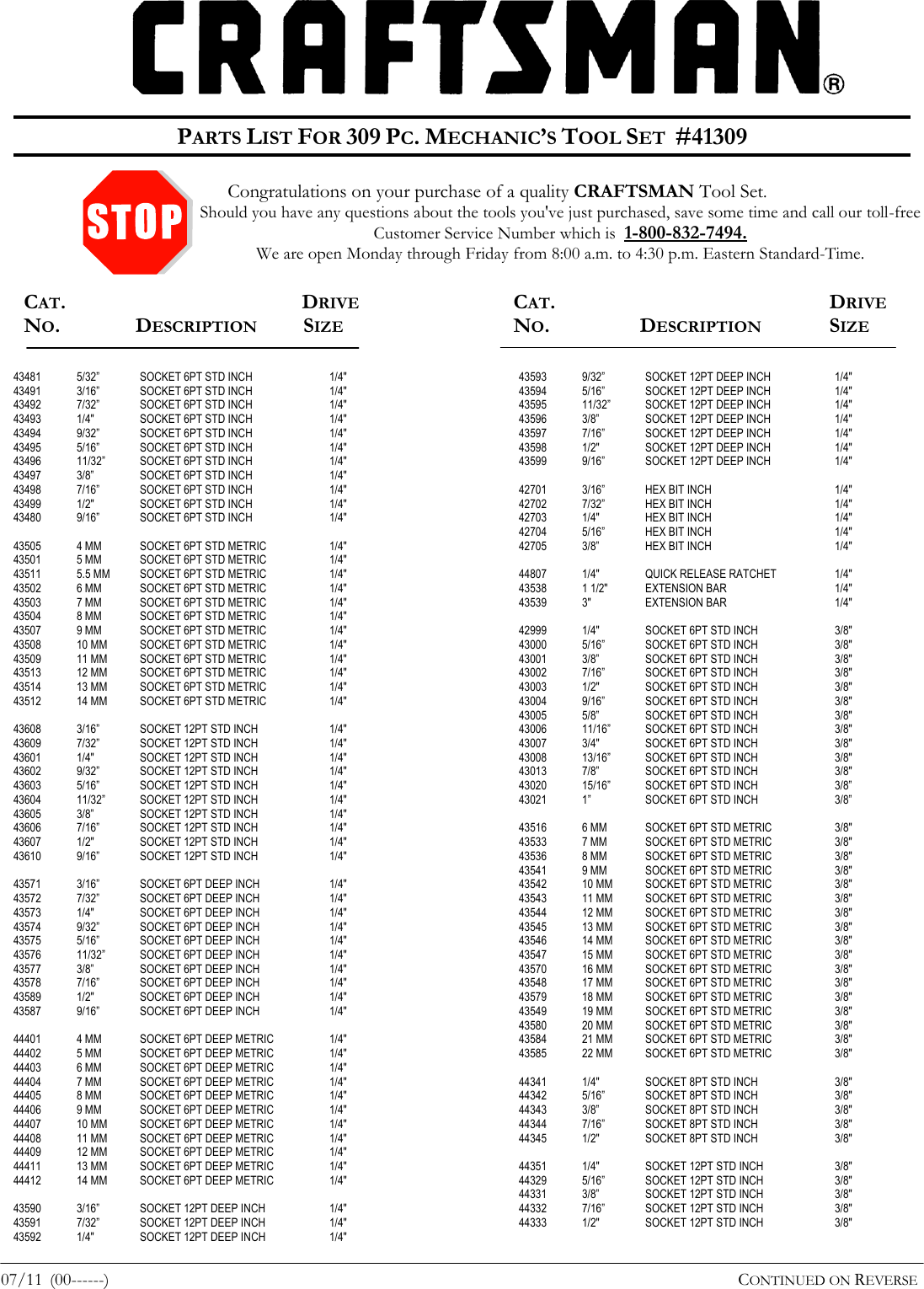 Page 1 of 2 - Craftsman Craftsman-309-Piece-Mechanics-Tool-Set-Parts-List-  Craftsman-309-piece-mechanics-tool-set-parts-list