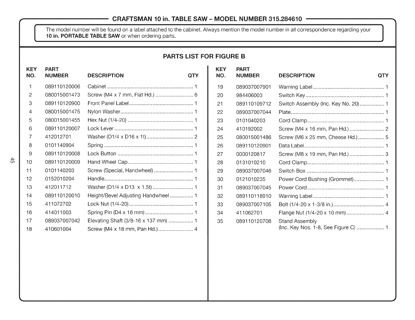 Craftsman 315 28461 Users Manual