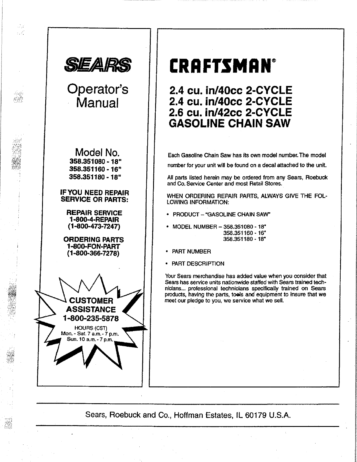 Craftsman 358 35108 Operators Manual OM, 358.351080, 358.351160, 358