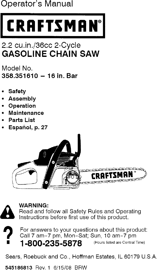 Craftsman 358 35161 Users Manual