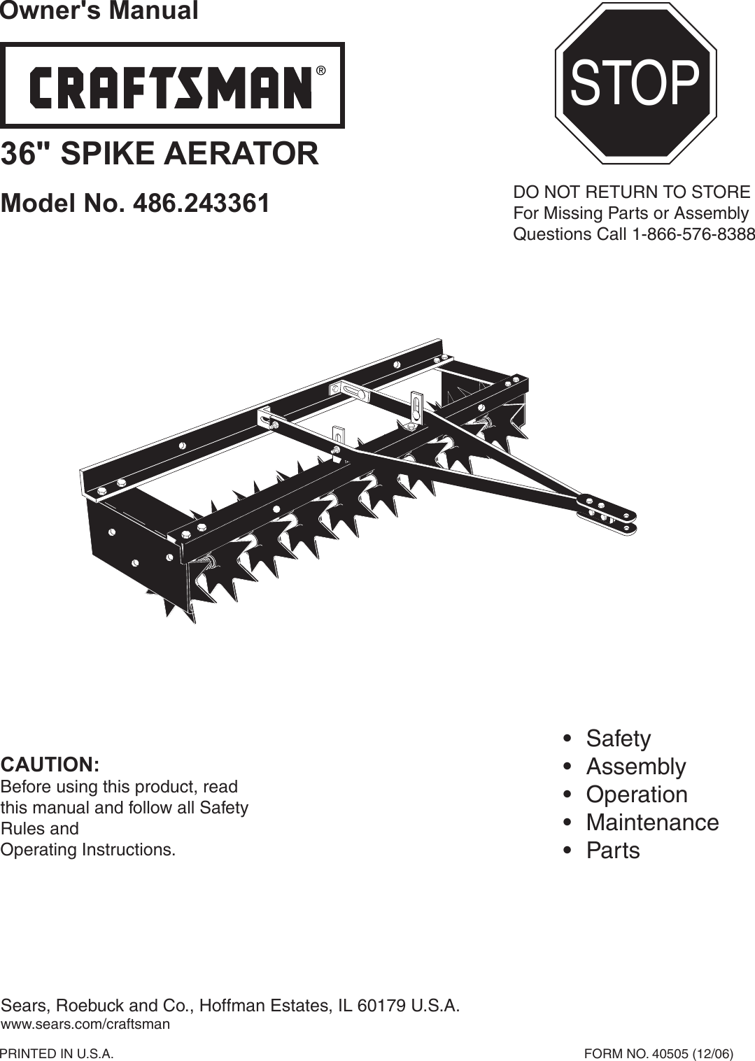 Page 1 of 8 - Craftsman Craftsman-36-In-Spike-Aerator-Owners-Manual-  Craftsman-36-in-spike-aerator-owners-manual