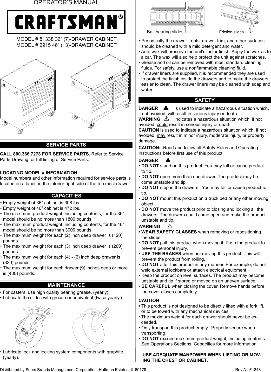 Page 1 of 12 - Craftsman Craftsman-36-Wide-Industrial-Grade-7-Drawer-Tool-Cart-Owners-Manual-  Craftsman-36-wide-industrial-grade-7-drawer-tool-cart-owners-manual