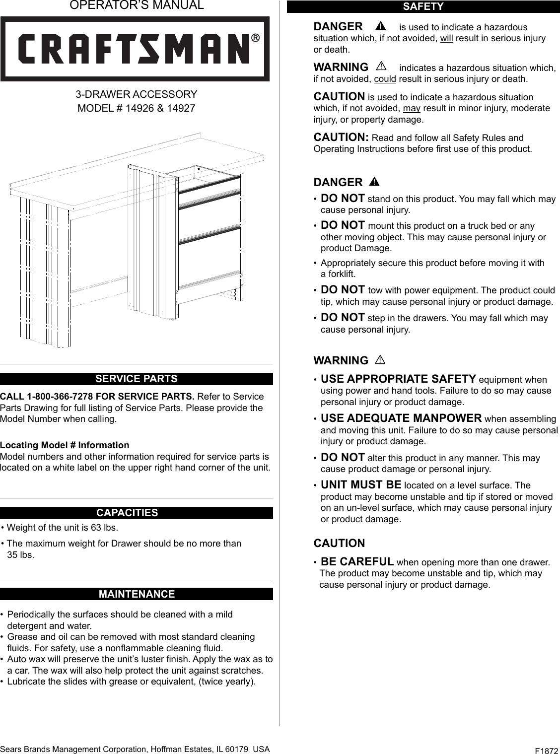 Page 1 of 12 - Craftsman Craftsman-3-Drawer-Workbench-Module-Red-Black-Instruction-Manual-  Craftsman-3-drawer-workbench-module-red-black-instruction-manual