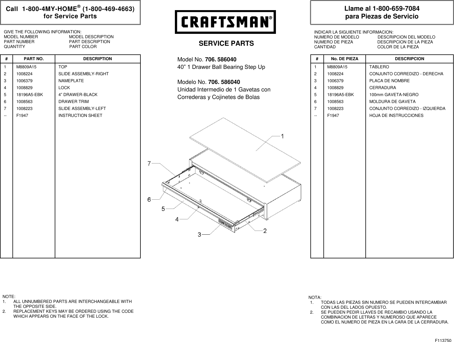 Page 1 of 1 - Craftsman Craftsman-40-Inch-1-Drawer-Premium-Heavy-Duty-Middle-Chest-Black-Service-Parts- Call 1-800-366-7278 For Service Parts  Craftsman-40-inch-1-drawer-premium-heavy-duty-middle-chest-black-service-parts