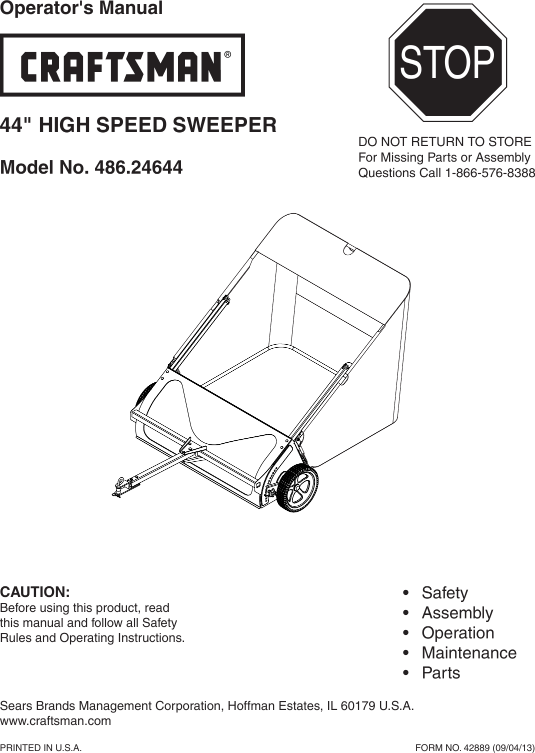 Craftsman 44 High Speed Sweeper Attachment For Riding Mowers Owners Manual