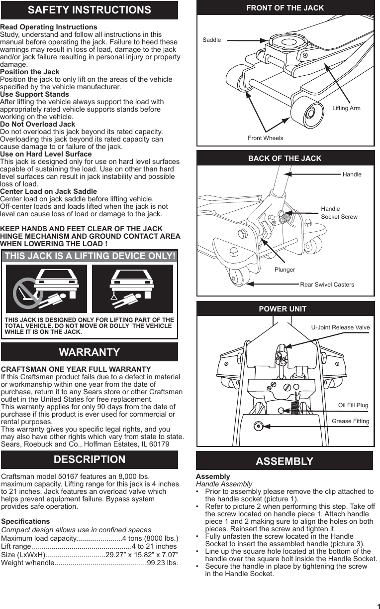 Page 2 of 8 - Craftsman Craftsman-4-Ton-Low-Profile-High-Lift-Service-Jack-Owners-Manual- Page1  Craftsman-4-ton-low-profile-high-lift-service-jack-owners-manual