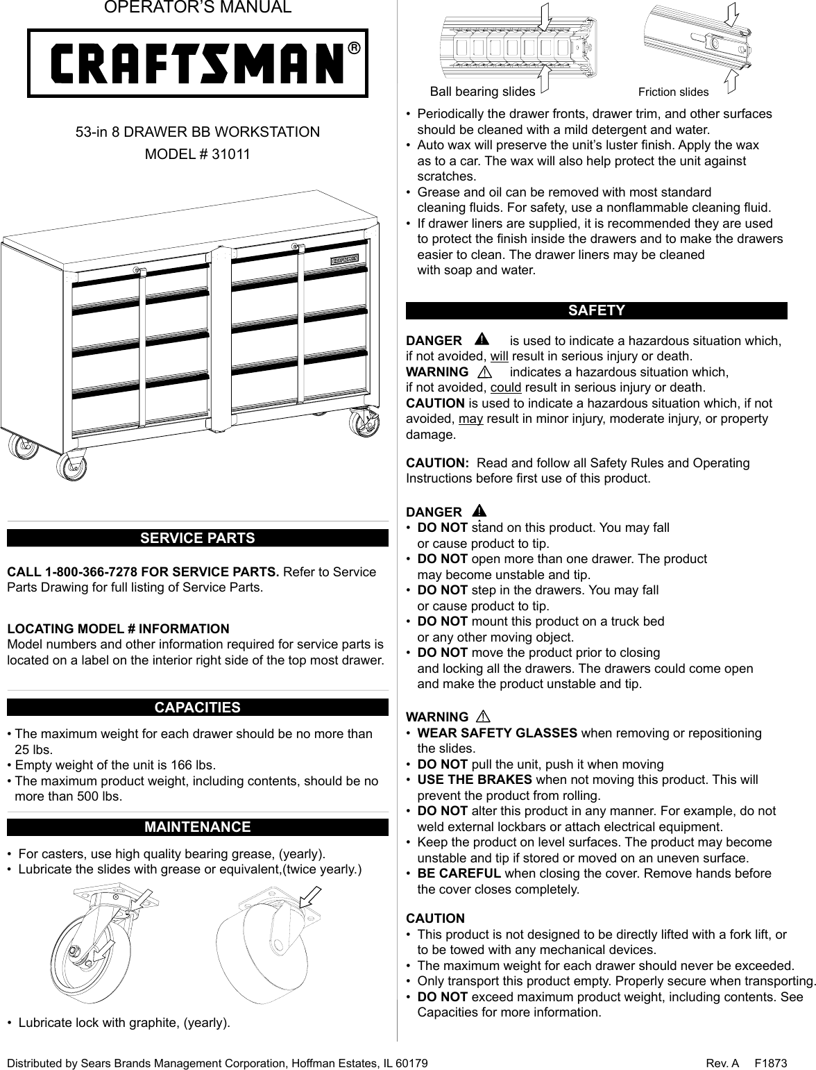 Page 1 of 8 - Craftsman Craftsman-53-In-Wide-8-Drawer-Standard-Duty-Ball-Bearing-Workstation-Black-Use-And-Care-Manual-  Craftsman-53-in-wide-8-drawer-standard-duty-ball-bearing-workstation-black-use-and-care-manual