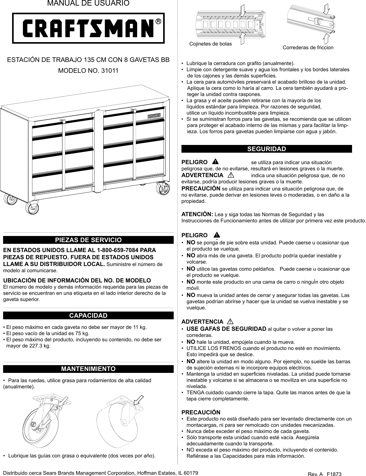 Page 5 of 8 - Craftsman Craftsman-53-In-Wide-8-Drawer-Standard-Duty-Ball-Bearing-Workstation-Black-Use-And-Care-Manual-  Craftsman-53-in-wide-8-drawer-standard-duty-ball-bearing-workstation-black-use-and-care-manual