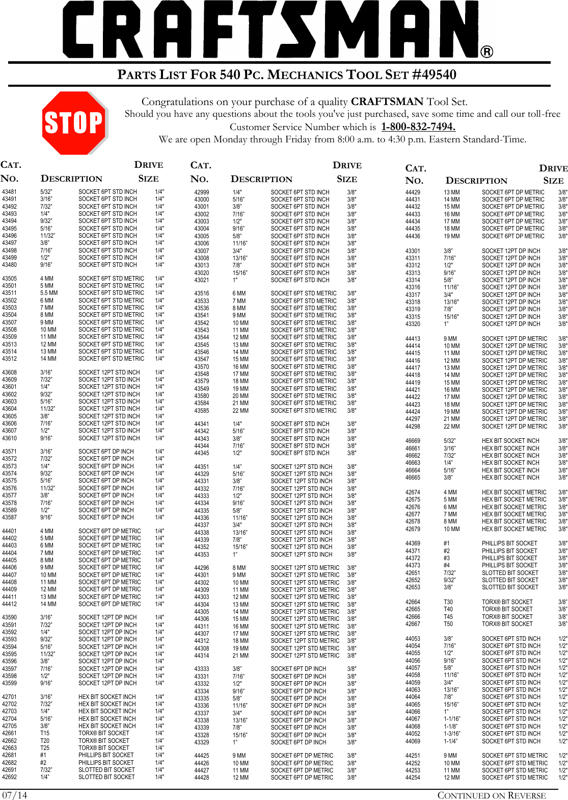 Page 1 of 2 - Craftsman Craftsman-540-Piece-Mechanics-Tool-Set-Contents-List-  Craftsman-540-piece-mechanics-tool-set-contents-list