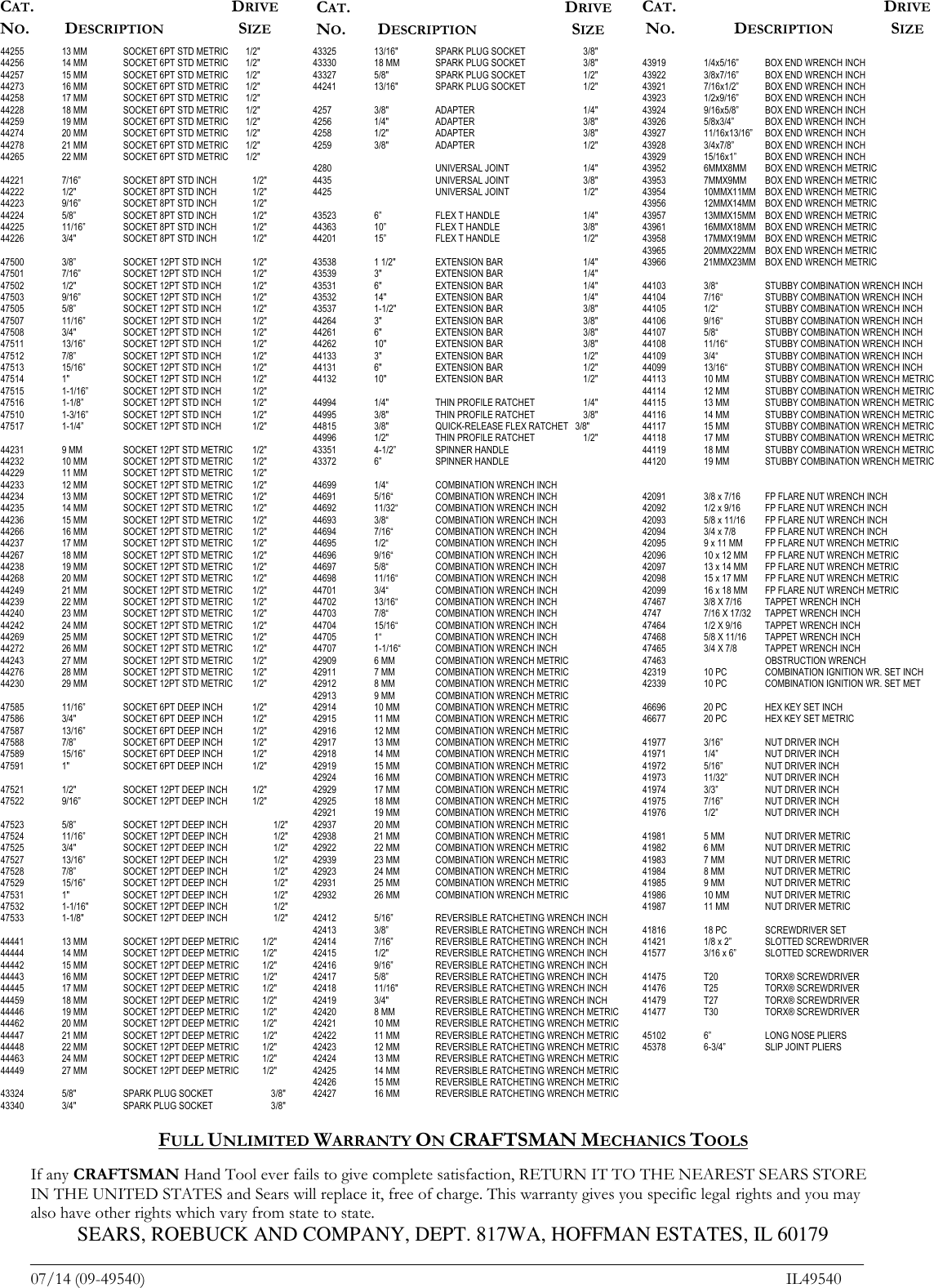 Page 2 of 2 - Craftsman Craftsman-540-Piece-Mechanics-Tool-Set-Contents-List-  Craftsman-540-piece-mechanics-tool-set-contents-list