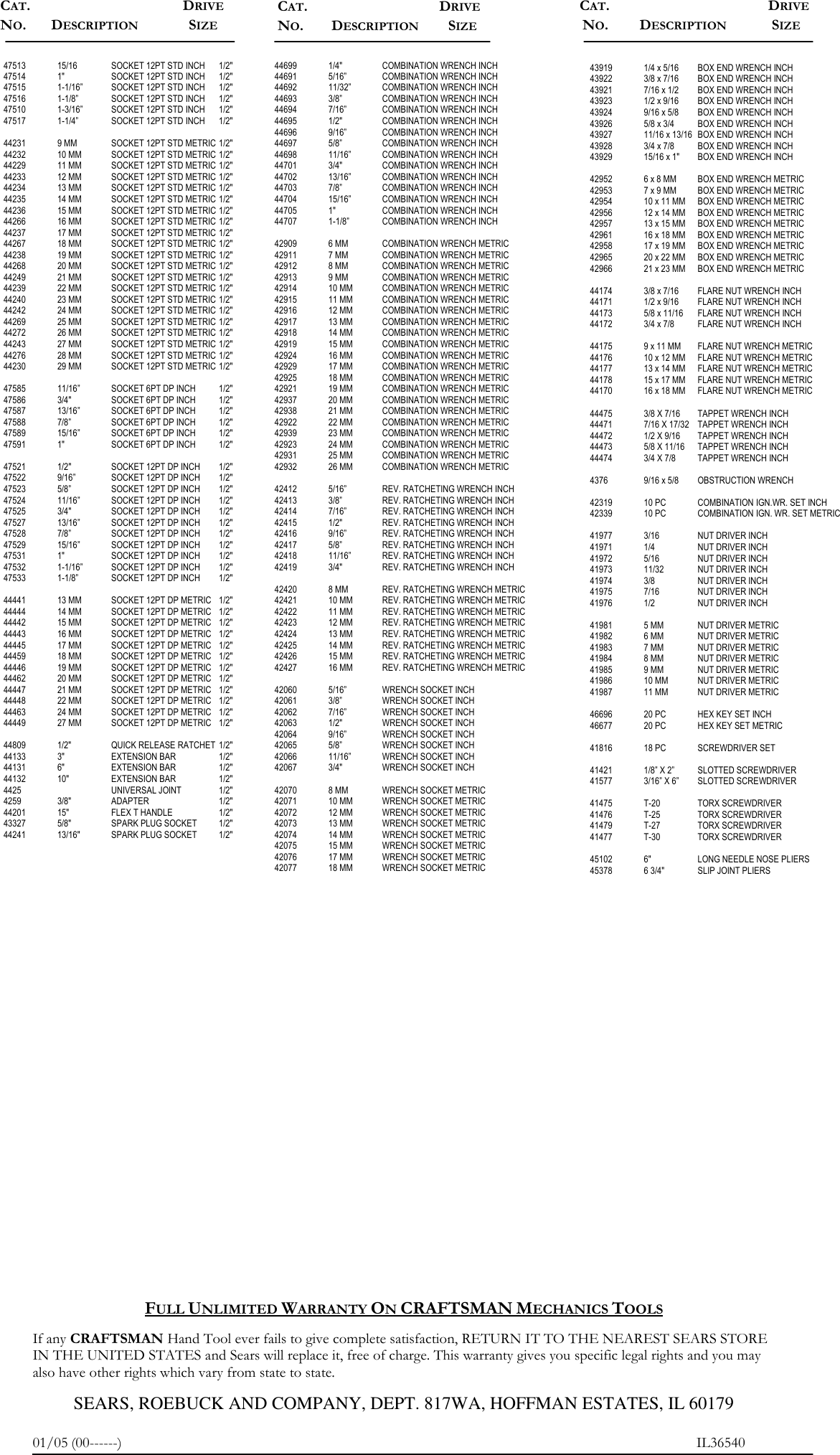 Page 2 of 2 - Craftsman Craftsman-540-Piece-Mechanics-Tool-Set-Specifications-  Craftsman-540-piece-mechanics-tool-set-specifications