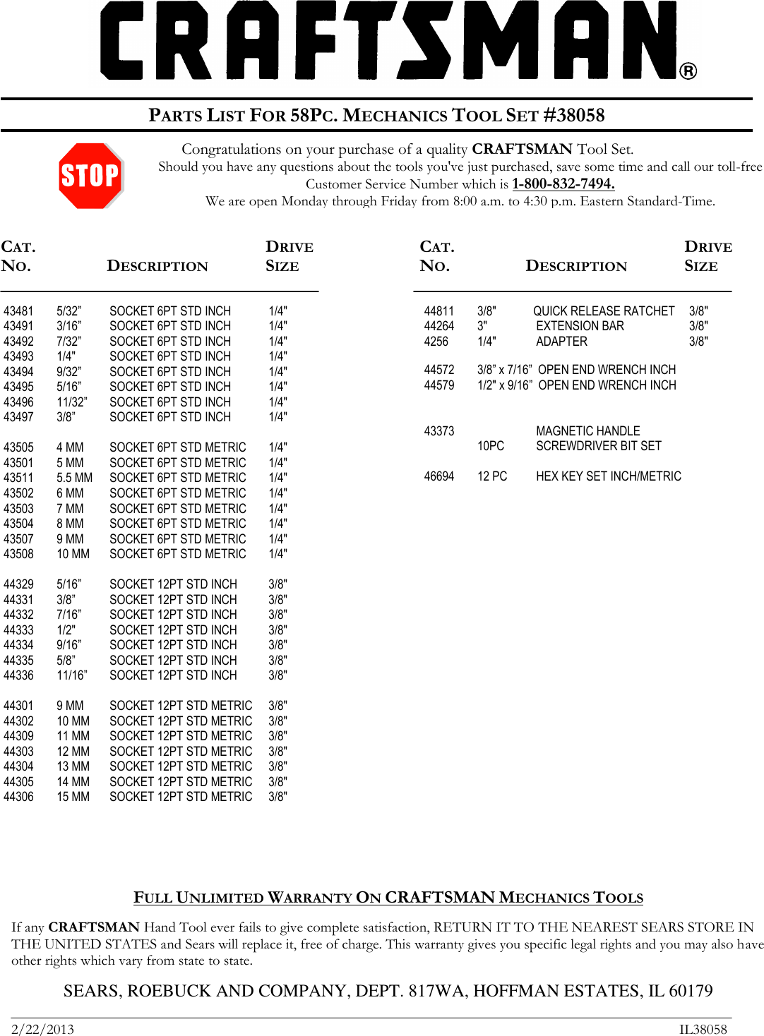 Page 1 of 1 - Craftsman Craftsman-58-Piece-Mechanics-Tool-Set-With-Storage-Case-Contents-List-  Craftsman-58-piece-mechanics-tool-set-with-storage-case-contents-list