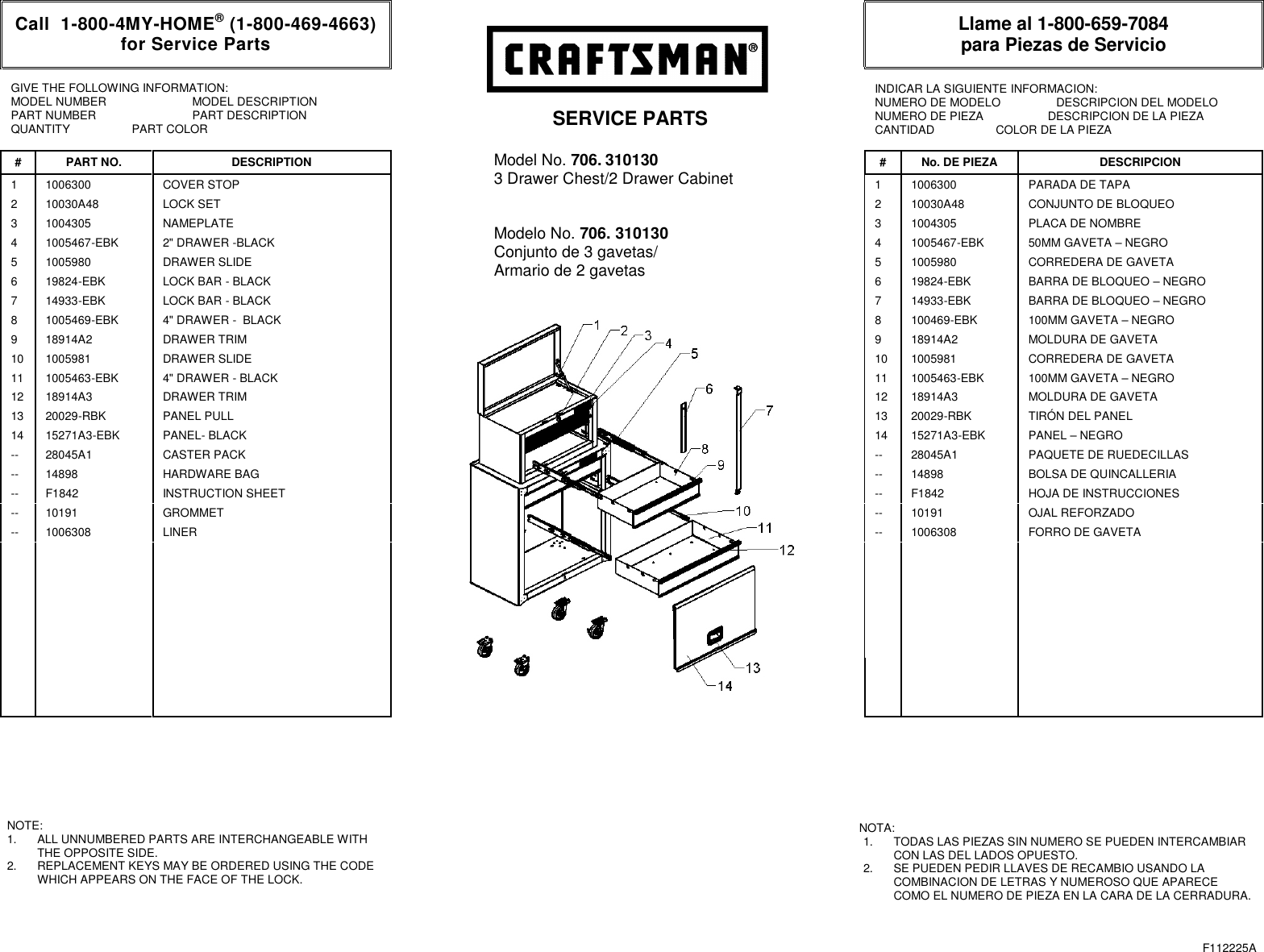 Page 1 of 1 - Craftsman Craftsman-5-Drawer-Standard-Duty-Ball-Bearing-Tool-Center-Black-Service-Parts F112225Ax