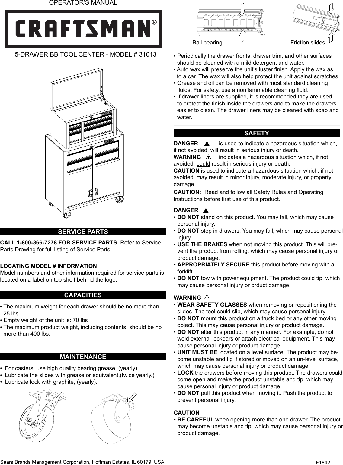 Page 1 of 8 - Craftsman Craftsman-5-Drawer-Standard-Duty-Ball-Bearing-Tool-Center-Black-Use-And-Care-Manual-  Craftsman-5-drawer-standard-duty-ball-bearing-tool-center-black-use-and-care-manual