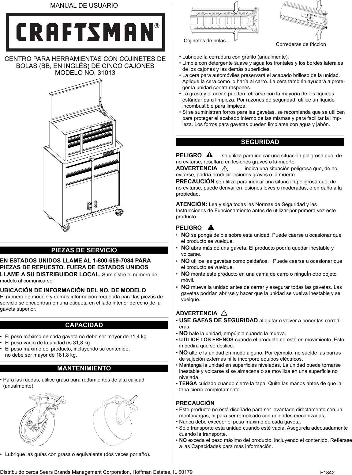 Page 5 of 8 - Craftsman Craftsman-5-Drawer-Standard-Duty-Ball-Bearing-Tool-Center-Black-Use-And-Care-Manual-  Craftsman-5-drawer-standard-duty-ball-bearing-tool-center-black-use-and-care-manual