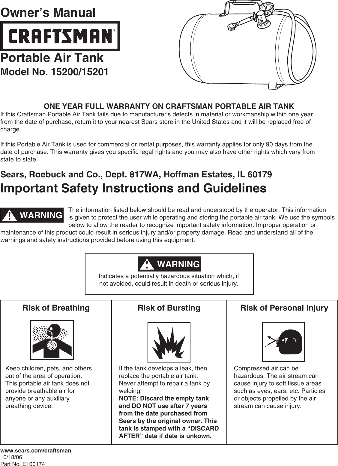 Page 1 of 2 - Craftsman Craftsman-5-Gallon-135-Psi-Horizontal-Air-Tank-Owners-Manual- 15200 Manual  Craftsman-5-gallon-135-psi-horizontal-air-tank-owners-manual