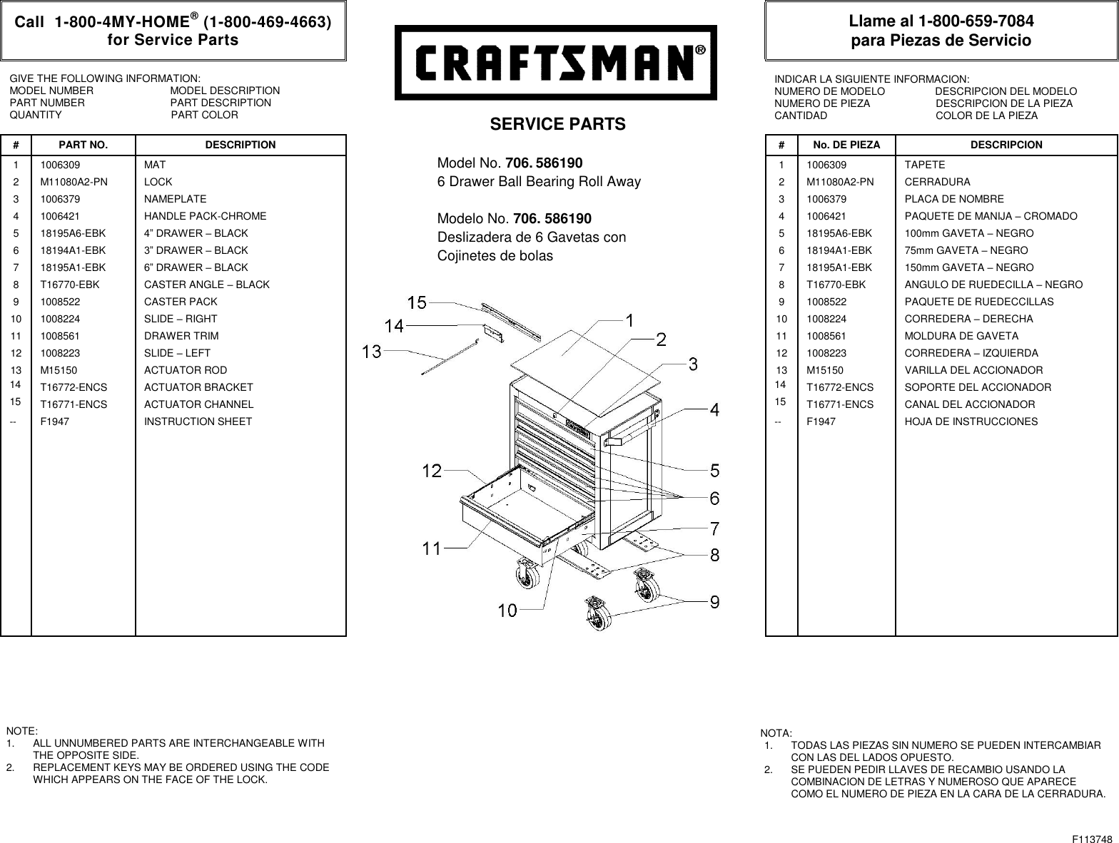 Page 1 of 1 - Craftsman Craftsman-6-Drawer-Premium-Heavy-Duty-Rolling-Cabinet-Black-Service-Parts- Call 1-800-366-7278 For Service Parts  Craftsman-6-drawer-premium-heavy-duty-rolling-cabinet-black-service-parts