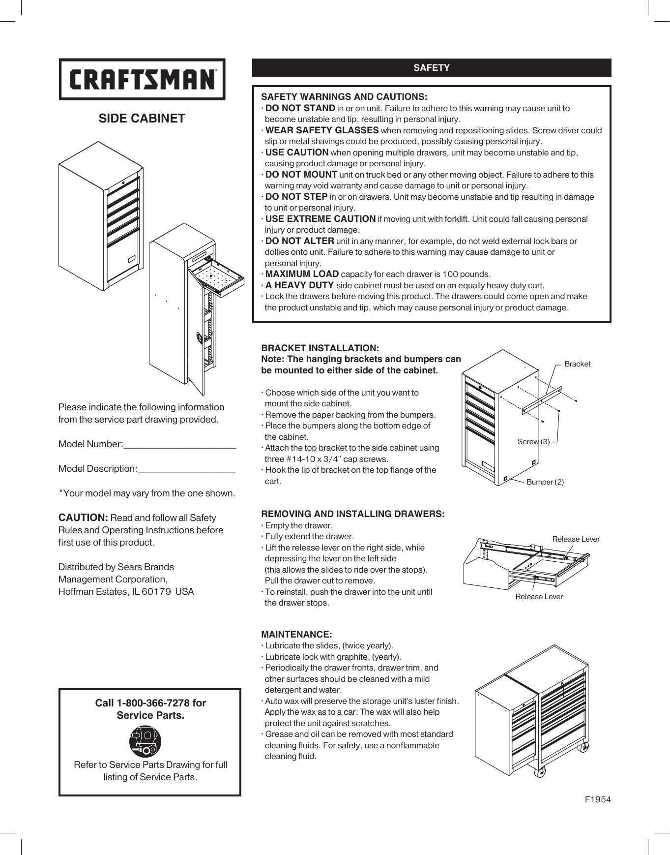 Page 1 of 2 - Craftsman Craftsman-6-Drawer-Premium-Heavy-Duty-Side-Cabinet-Black-Owners-Manual-  Craftsman-6-drawer-premium-heavy-duty-side-cabinet-black-owners-manual