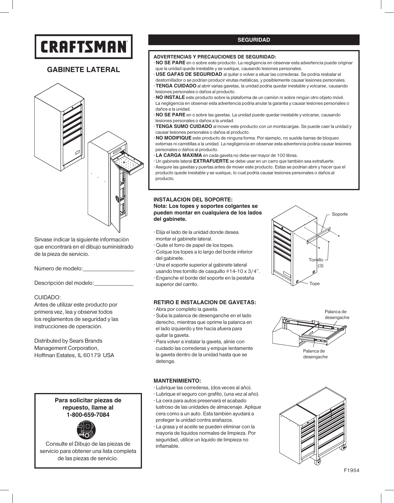 Page 2 of 2 - Craftsman Craftsman-6-Drawer-Premium-Heavy-Duty-Side-Cabinet-Black-Owners-Manual-  Craftsman-6-drawer-premium-heavy-duty-side-cabinet-black-owners-manual