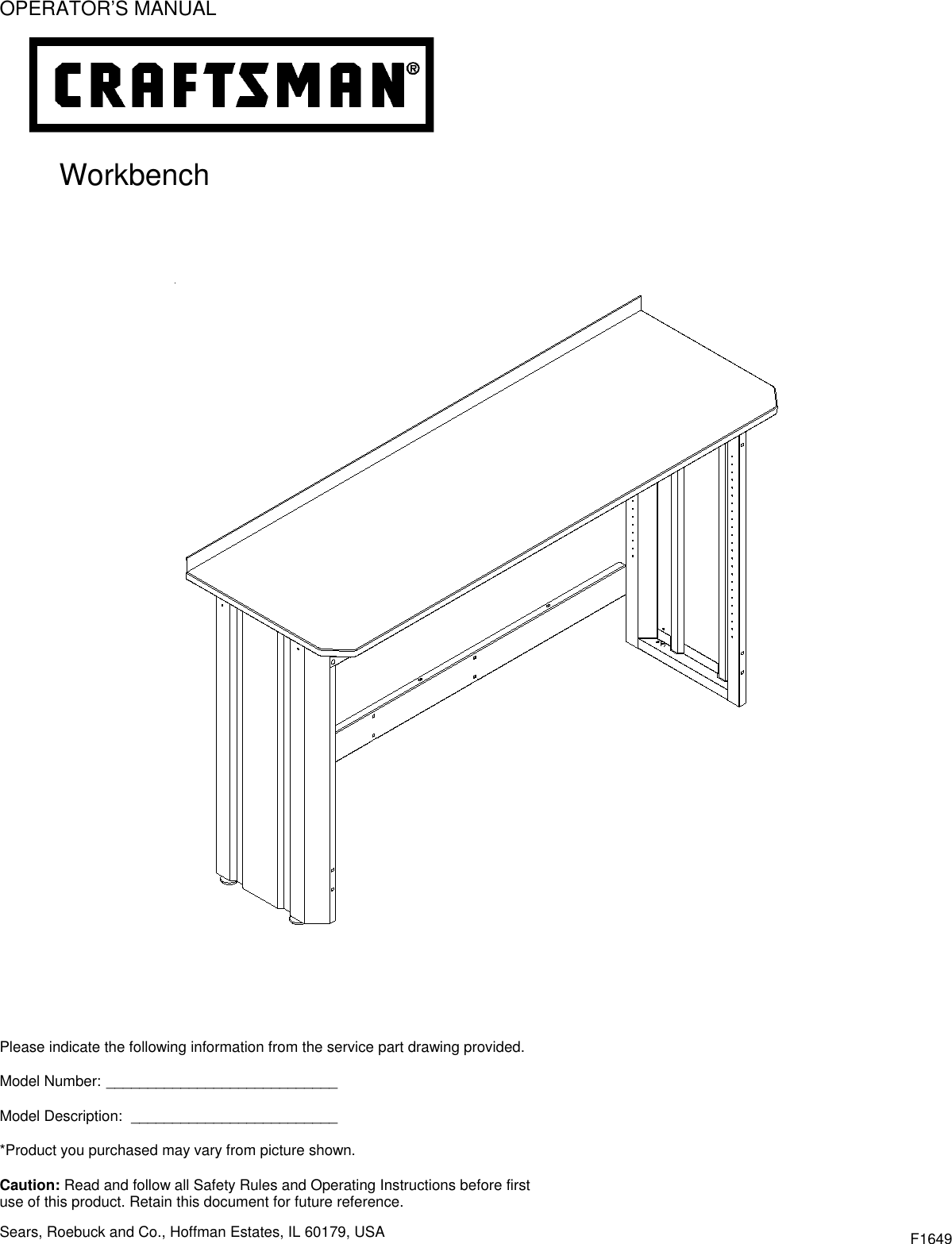 Page 1 of 8 - Craftsman Craftsman-6-Workbench-Black-Use-And-Care-Manual- H  Craftsman-6-workbench-black-use-and-care-manual