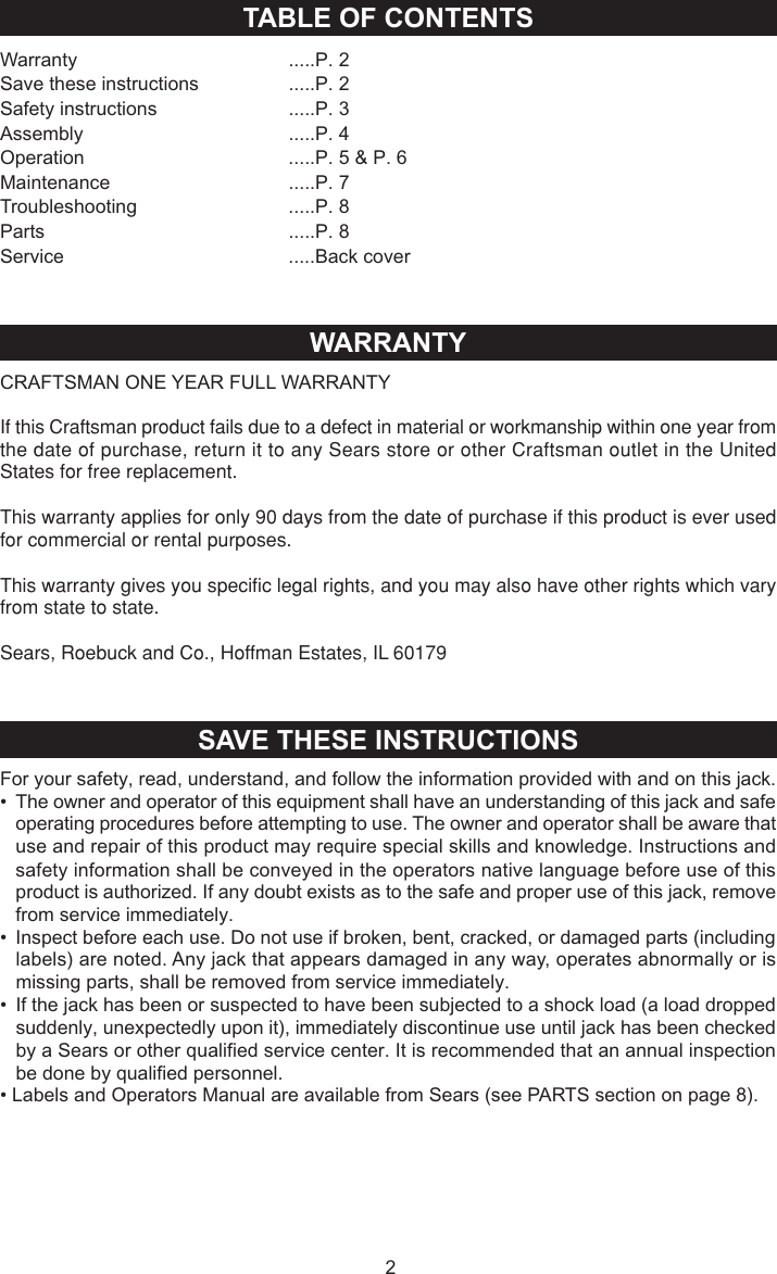 Page 2 of 9 - Craftsman Craftsman-950239-2-Ton-Capacity-Users-Manual- 50239 (G620) Manual 2007.pmd  Craftsman-950239-2-ton-capacity-users-manual