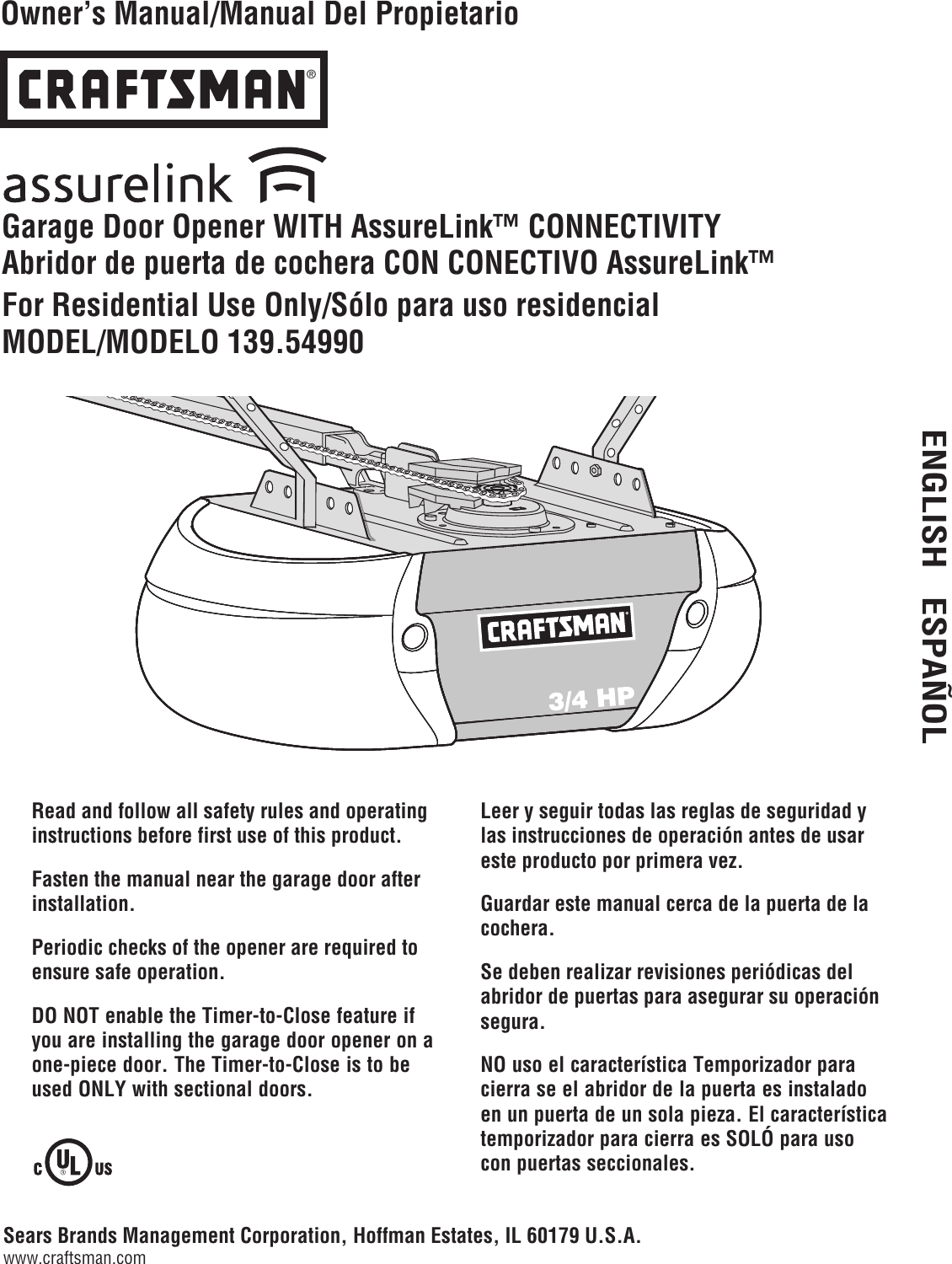 Craftsman Ã‚Â¾ Hp Chain Drive Garage Door Opener With Two Multi