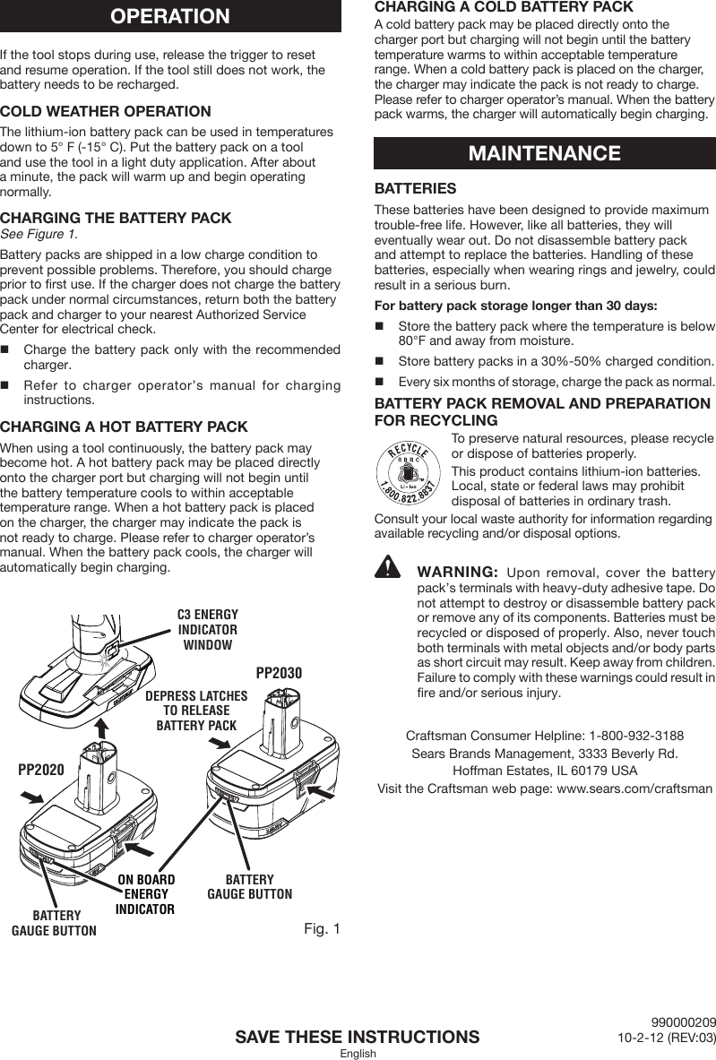 Page 2 of 4 - Craftsman Craftsman-C3-19-2-Volt-Xcp-Compact-Lithium-Ion-Battery-Pack-Owners-Manual-  Craftsman-c3-19-2-volt-xcp-compact-lithium-ion-battery-pack-owners-manual