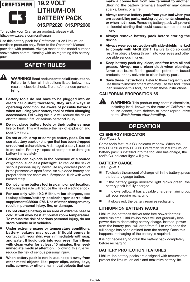 Page 1 of 4 - Craftsman Craftsman-C3-19-2-Volt-Xcp-High-Capacity-Lithium-Ion-Battery-Pack-Owners-Manual-  Craftsman-c3-19-2-volt-xcp-high-capacity-lithium-ion-battery-pack-owners-manual
