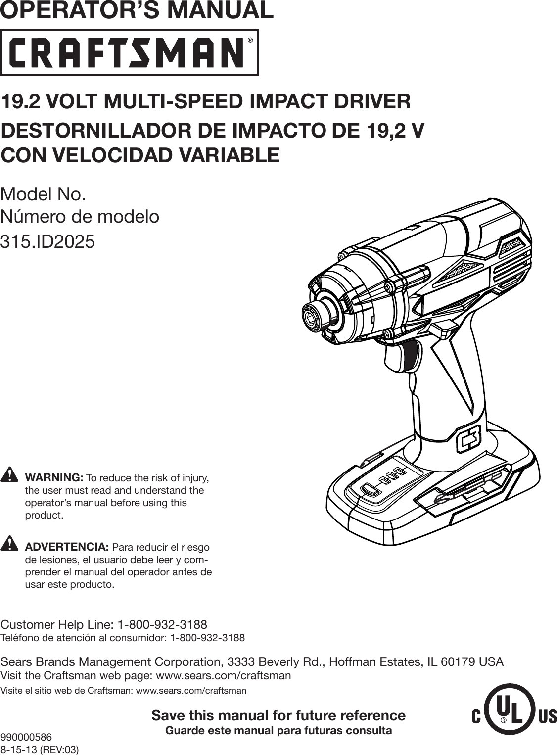 Craftsman C3 Lithium Ion 3 Speed Impact Driver Kit Owners Manual 6478