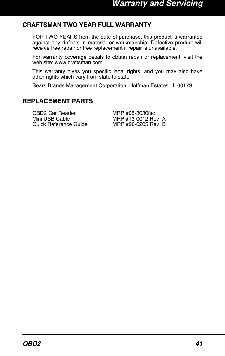 Page 1 of 1 - Craftsman Craftsman-Canobd2-Car-Reader-Manufacturers-Warranty-  Craftsman-canobd2-car-reader-manufacturers-warranty