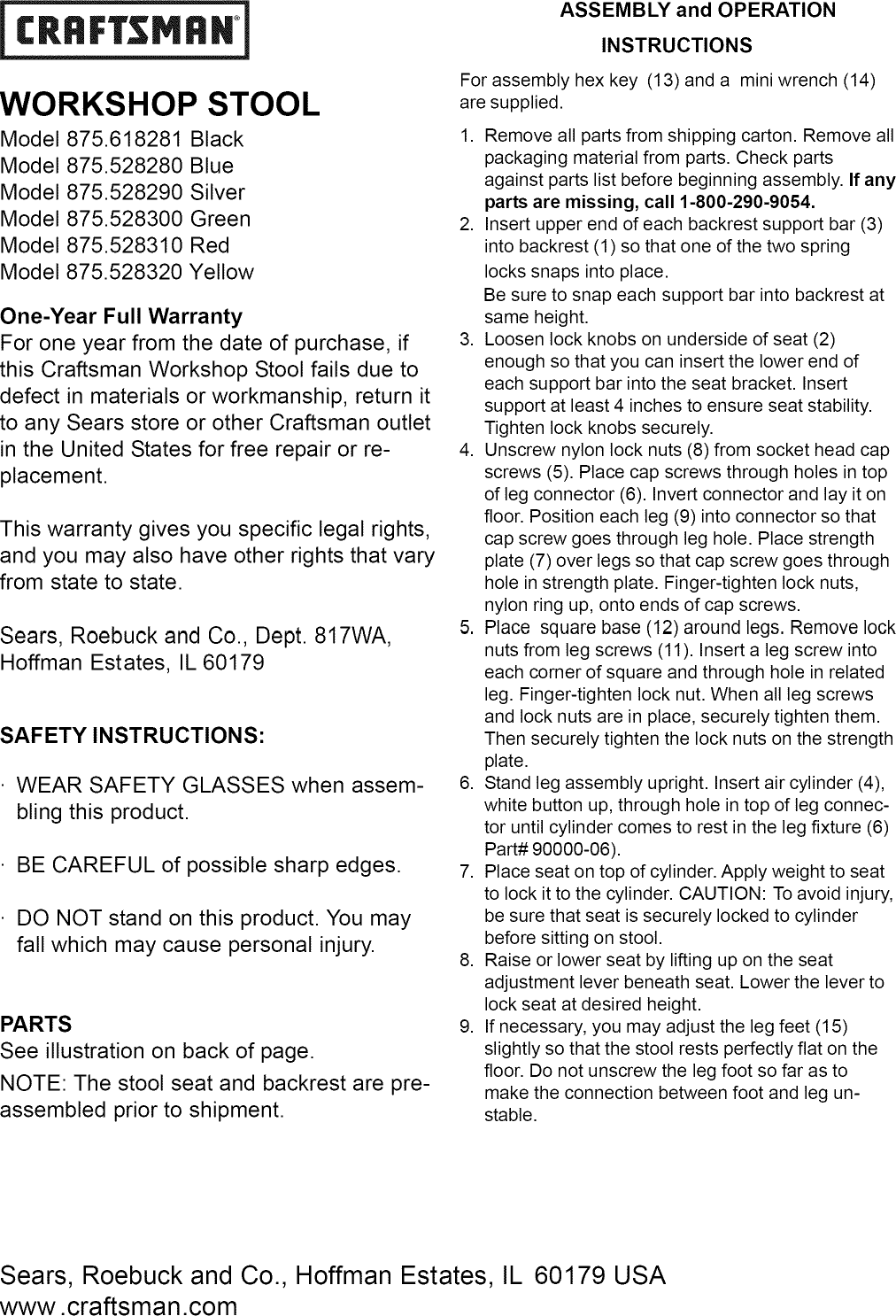 Page 1 of 5 - Craftsman Craftsman-Chrome-Vinyl-Hydraulic-Hydraulic-Stool-Owners-Manual-  Craftsman-chrome-vinyl-hydraulic-hydraulic-stool-owners-manual
