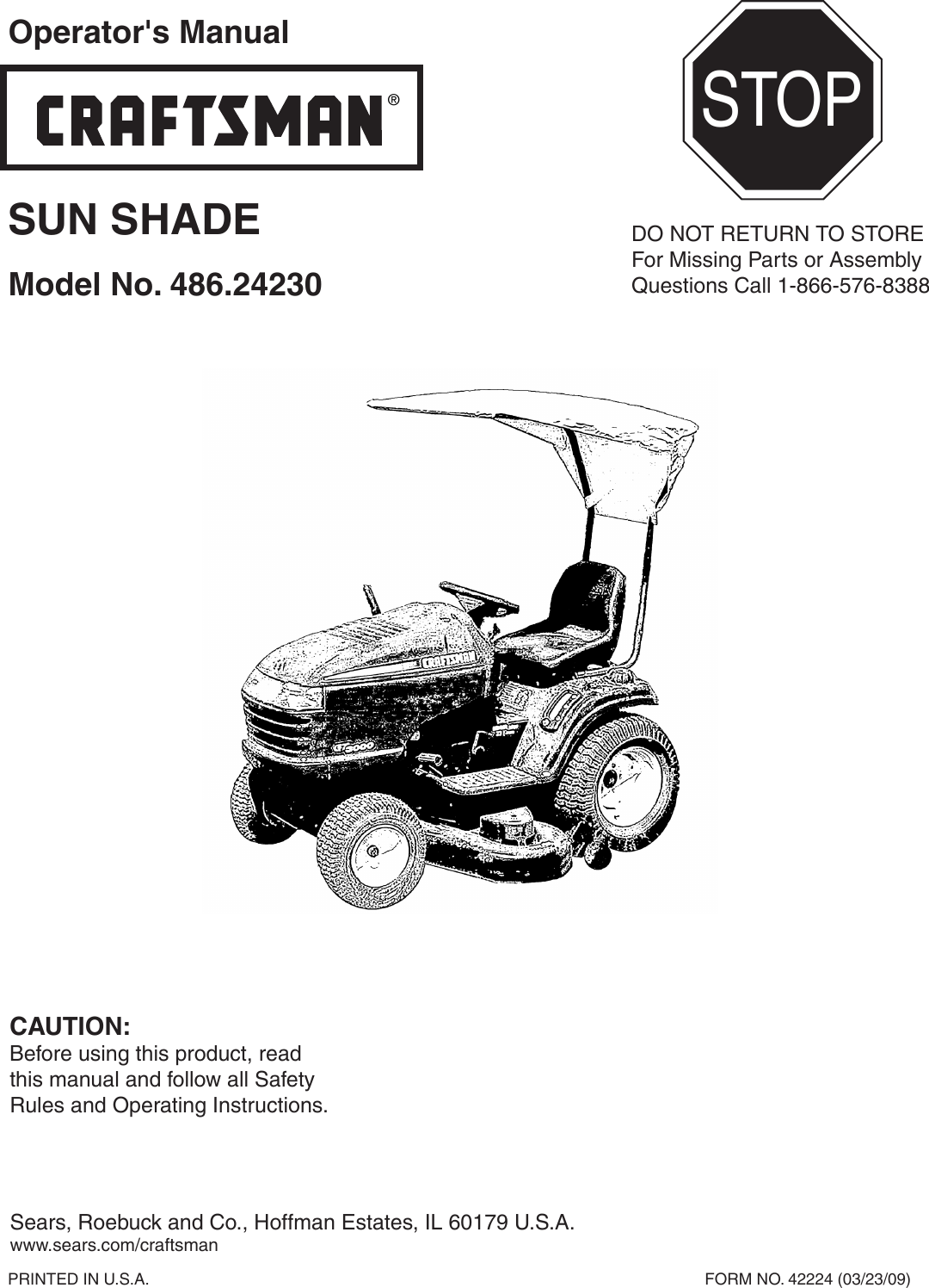 Page 1 of 8 - Craftsman Craftsman-Deluxe-Sun-Shade-For-Tractors-Owners-Manual-  Craftsman-deluxe-sun-shade-for-tractors-owners-manual