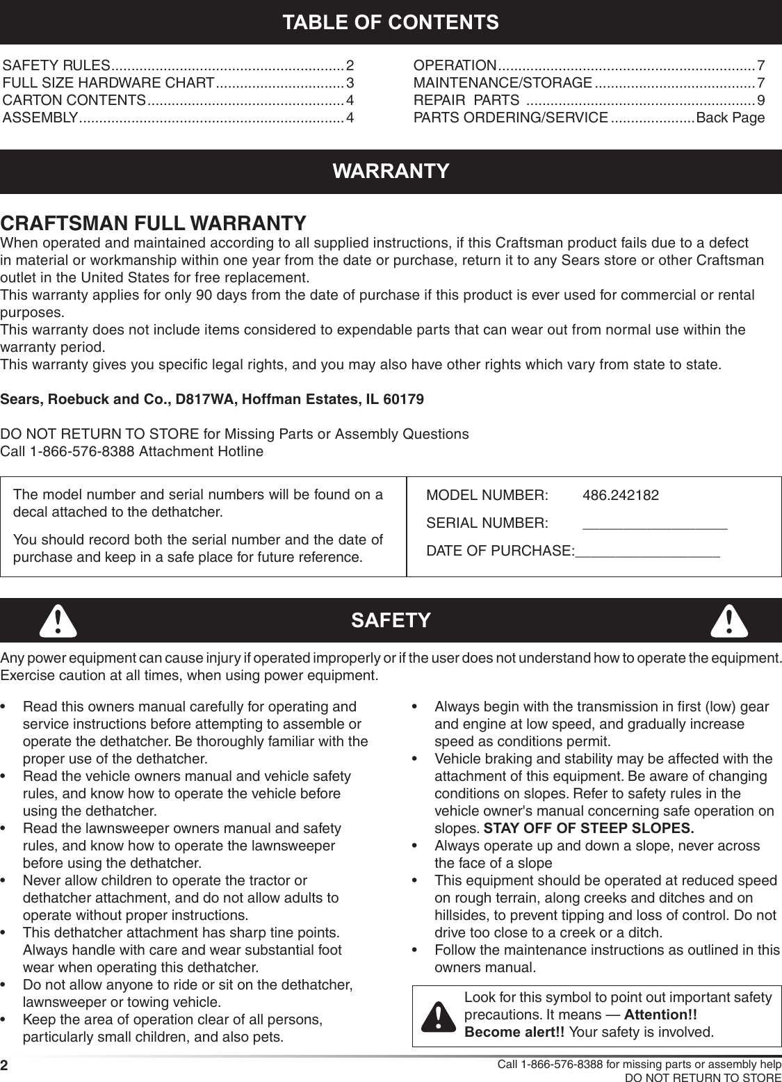 Page 2 of 12 - Craftsman Craftsman-Dethatcher-For-Lawnsweeper-Owners-Manual-  Craftsman-dethatcher-for-lawnsweeper-owners-manual