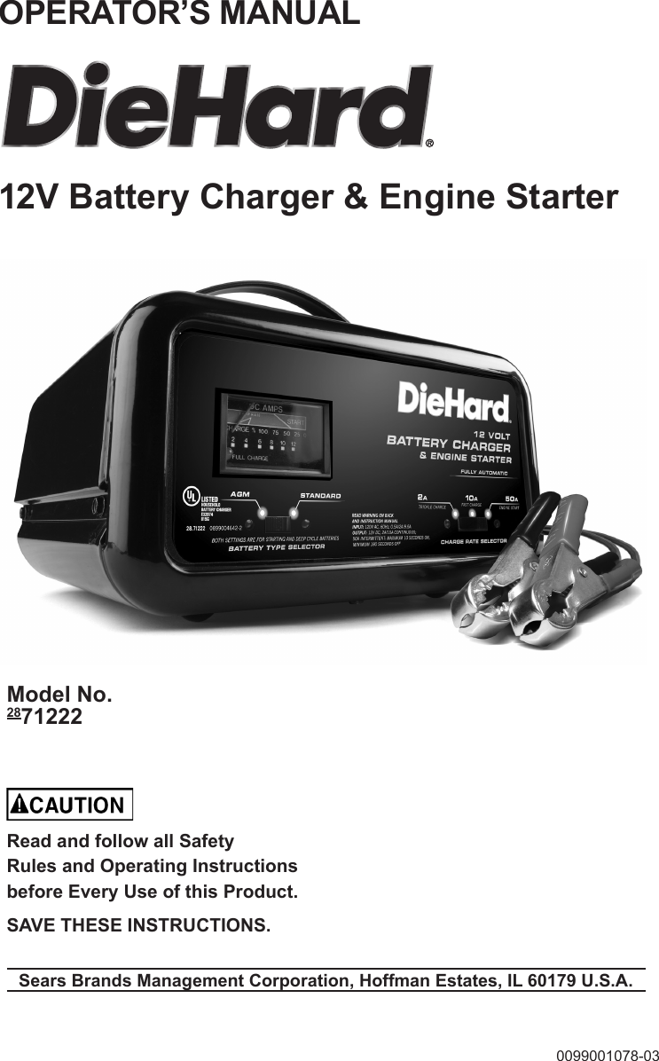 Page 1 of 12 - Craftsman Craftsman-Diehard-Automatic-Battery-Charger-10-2-50-Amp-Owners-Manual-  Craftsman-diehard-automatic-battery-charger-10-2-50-amp-owners-manual