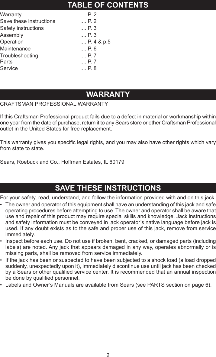 Page 2 of 8 - Craftsman Craftsman-Floor-Jack-50156-Users-Manual- 50156-M0  Craftsman-floor-jack-50156-users-manual