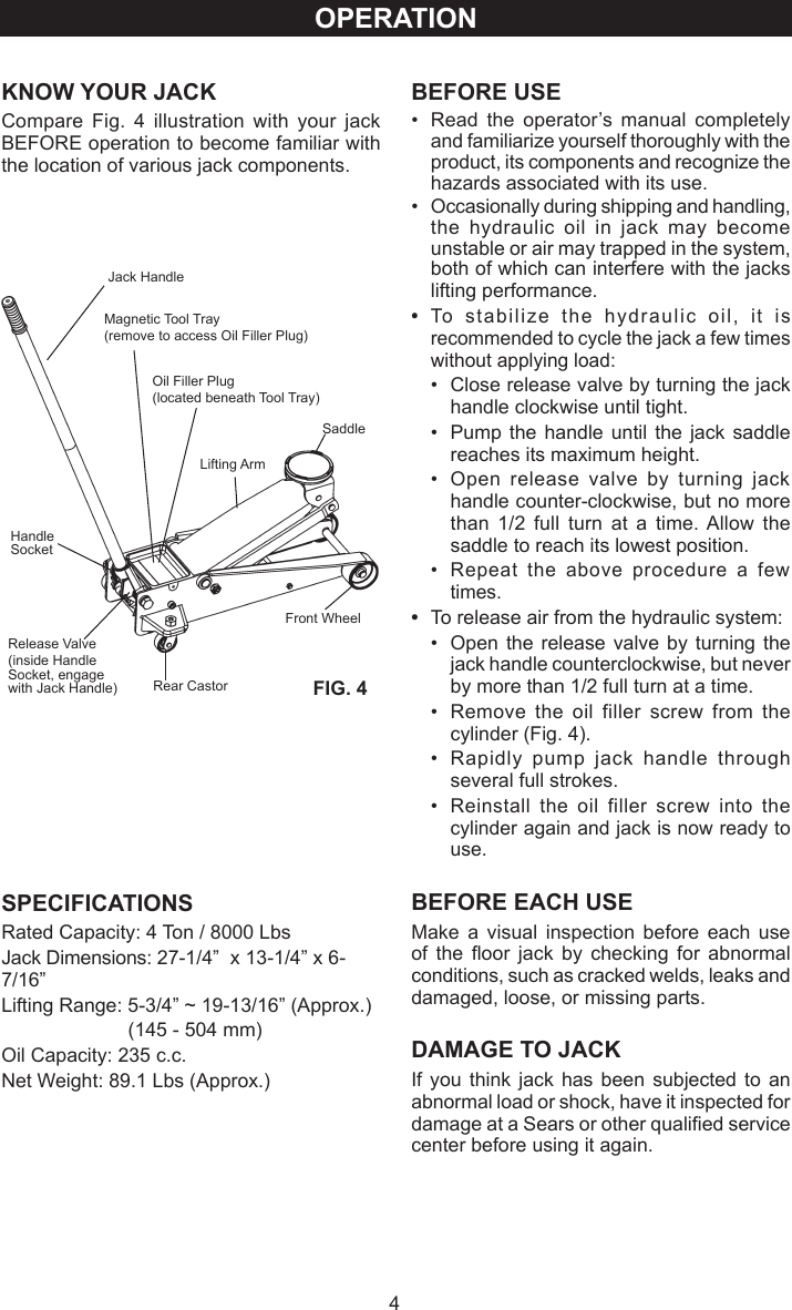 Page 4 of 8 - Craftsman Craftsman-Floor-Jack-50156-Users-Manual- 50156-M0  Craftsman-floor-jack-50156-users-manual