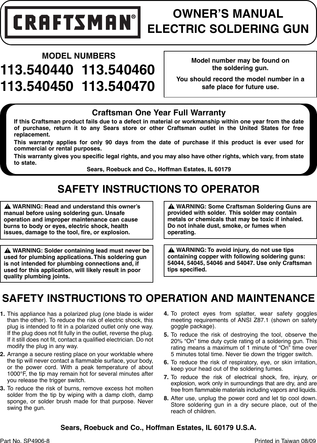 Page 1 of 2 - Craftsman Craftsman-Medium-Duty-Soldering-Gun-100-140-Watt-Owners-Manual-  Craftsman-medium-duty-soldering-gun-100-140-watt-owners-manual