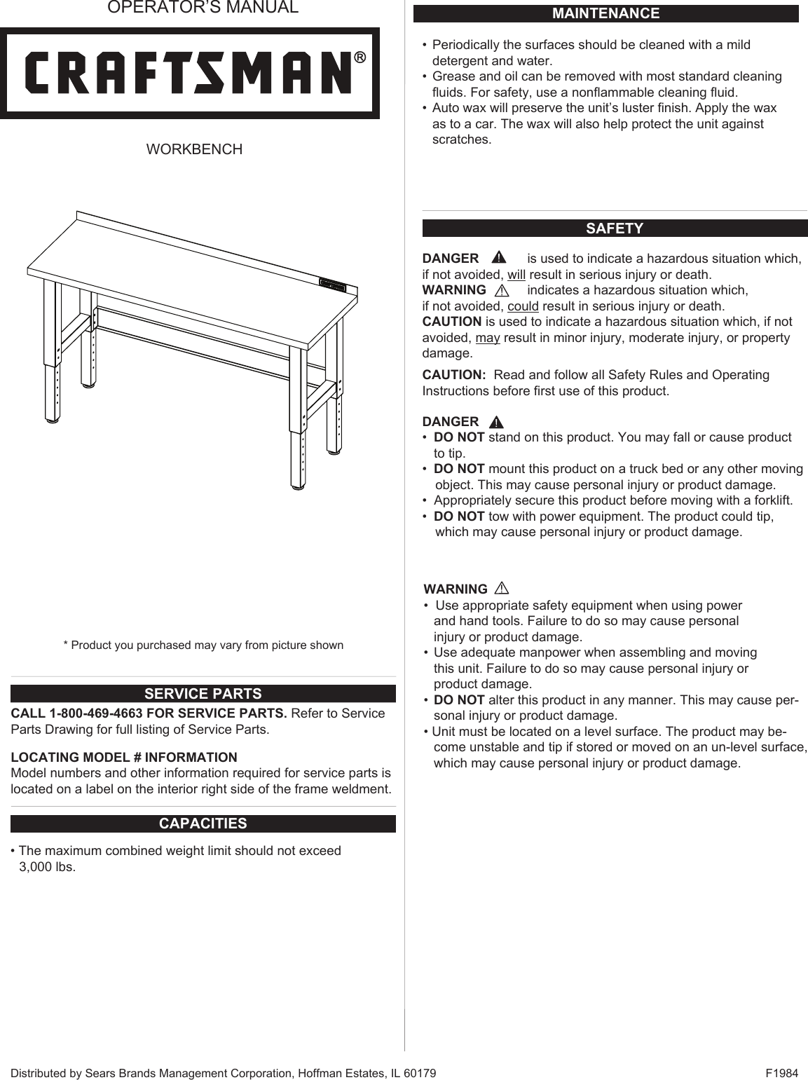 Page 1 of 10 - Craftsman Craftsman-Premium-Heavy-Duty-6-Ft-Workbench-With-Butcher-Block-Top-Instruction-Manual-  Craftsman-premium-heavy-duty-6-ft-workbench-with-butcher-block-top-instruction-manual